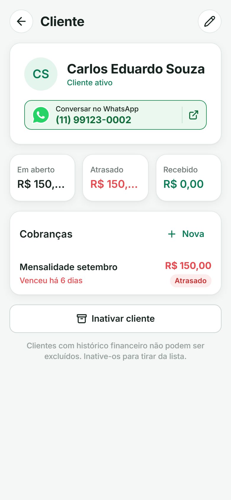 Ficha do cliente com botão para conversar no WhatsApp e a cobrança em atraso