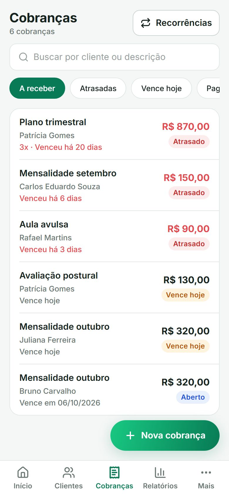 Lista de cobranças com status: atrasado, vence hoje e em aberto