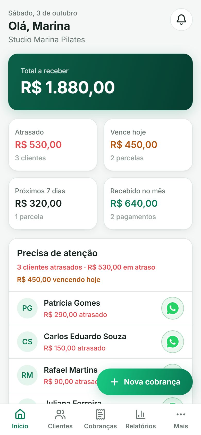 Tela inicial do RECEON: total a receber, valores atrasados, que vencem hoje e recebidos no mês
